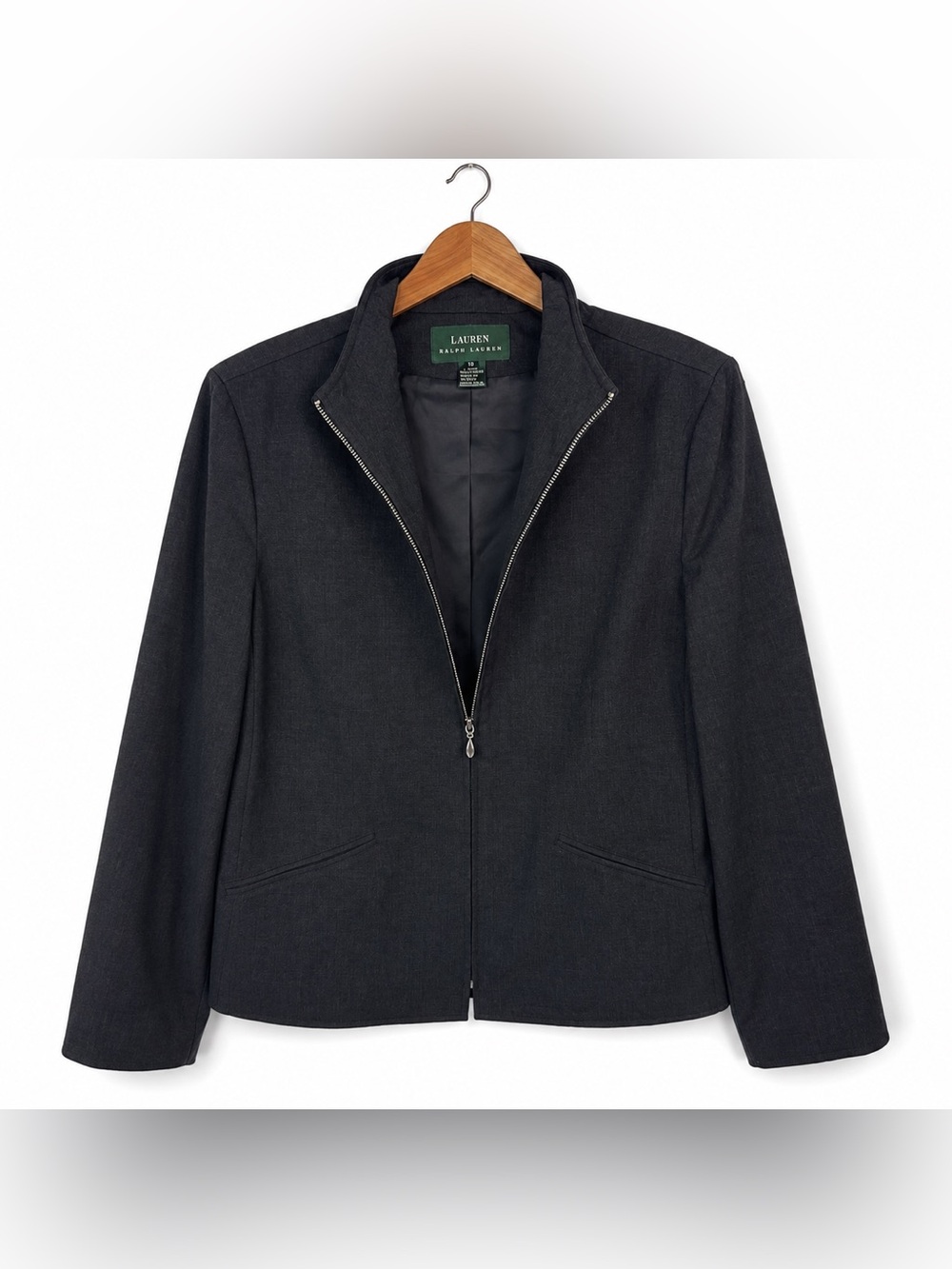 Lauren Ralph Lauren Gray Zip Front Tailored Jacket Blazer SZ 10 Career Classic